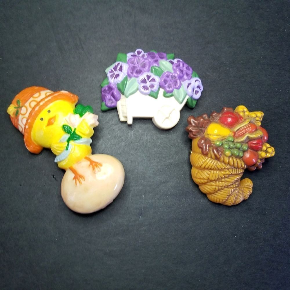 Set of 3 Vintage Hallmark 70's 80's Pins Cornucopia Pansie Cart Spring Chicken